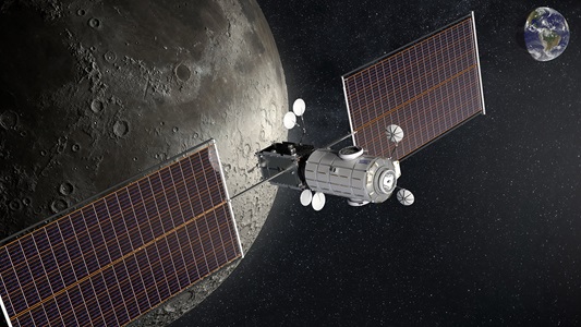 rendering of spacecraft orbiting the moon