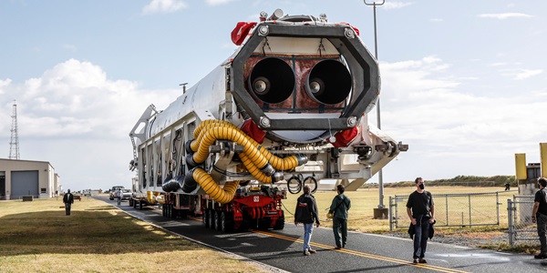 NG-14_AntaresRocket_Rear_Wallops Antares Rocket on flatbed, being transported to launchpad in Wallops Island, Virginia