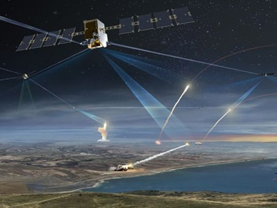 Northrop-Grumman-Completes-Design-Review-for-the-Space-Development-Agencys-Tranche-1-Tracking-Layer rendering of satellite tracking missiles