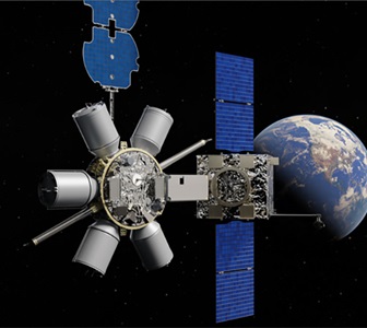 Satellite-Refueling-Technology Rendering of Satellite Refueling in space.