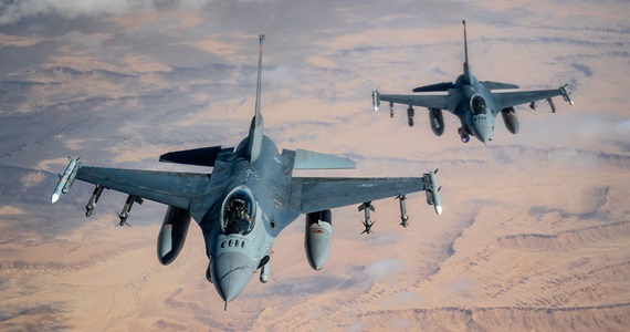 F-16s Have Been Using Laser-Guided Rockets To Shoot Down Houthi Drones two u.s. air force f-16 jets flying over desert