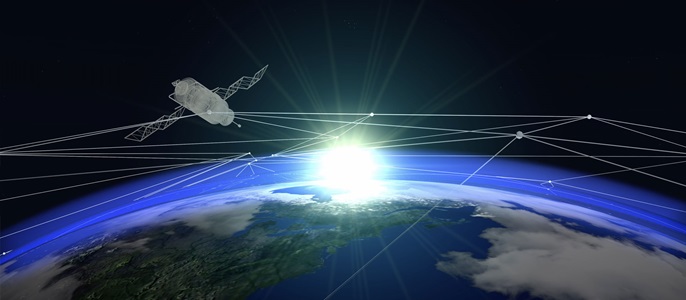 Satellite above earth with connections across the horizon.