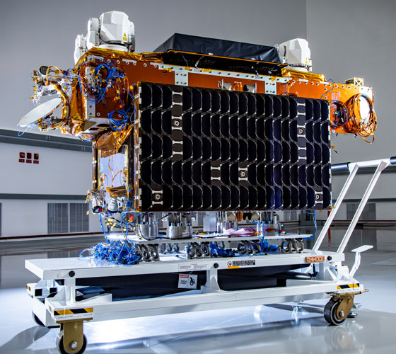 A Tranche 1 Tracking Layer space vehicle is pictured in a high bay in Northrop Grumman’s Space Park campus in Redondo Beach, CA.