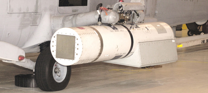 Airborne Laser Mine Detection System Airborne Laser Mine Detection System attached to a helicopter