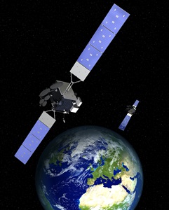 Communications Satellites 2020 Image 2 A dark sky with two large satellites orbiting the Earth in outer space