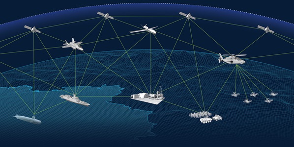 Digital Battle Network illustration illustration of ships, subs, land connected to helicopter, jet, satellite