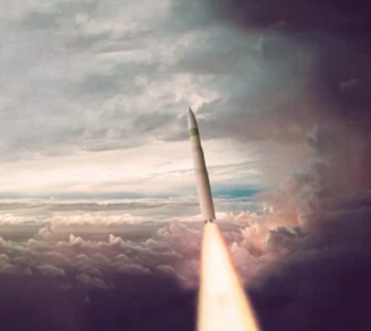 Missile flying through the sky almost vertically