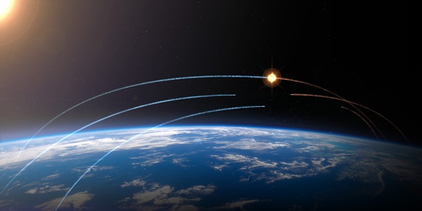 Dark lit sky in Space with a preview of Earth's surface