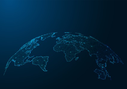 Modern world map made of lines and dots on dark blue background. World Map in blue dotted lights