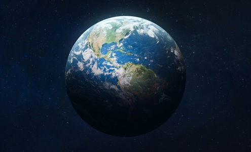 Earth planet on dark background. Surface of Earth. Blue sphere. Elements of this image furnished by NASA. Globe/World Map