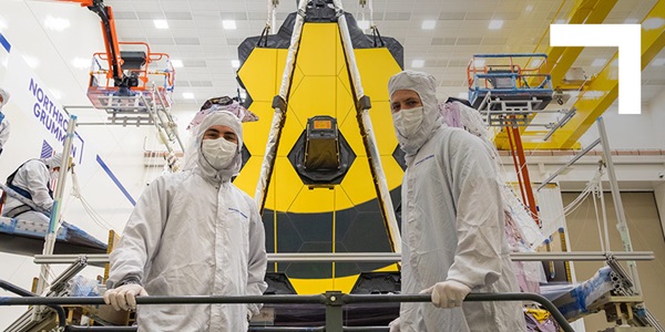 One Shot to do the Impossible – The Intense Testing of the James Webb Space Telescope JWST – Twitter two engineer standing in front of the Webb telescope