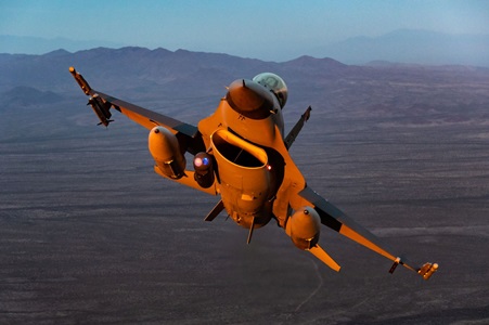 LITENING Advanced Targeting Pod on F16 military jet in sky