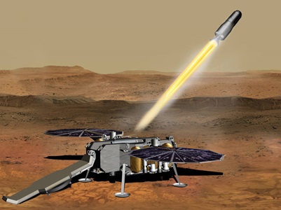 Mars Ascent Propulsion System (MAPS) projectile leaving base unit on Mars