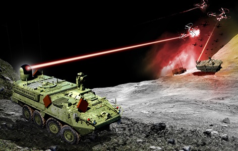 Northrop-Grumman-MSHORAD-directed-energy-MMHEL-laser-UAV-2 truck with laser shooting target