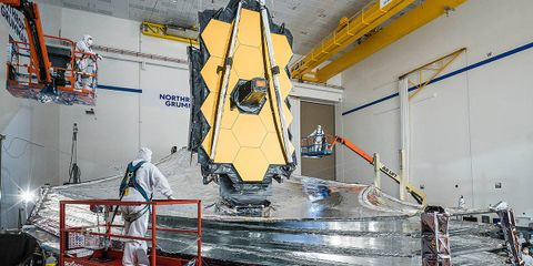 Northrop Grumman and NASA Complete Final Sunshield Deployment Test on the James Webb Space Telescope James Webb Space Telescope in large building