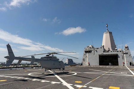 Northrop Grumman’s MQ-8C Fire Scout Completes Successful Fit Check aboard USS Anchorage (LPD-23) helicopter on deck of ship