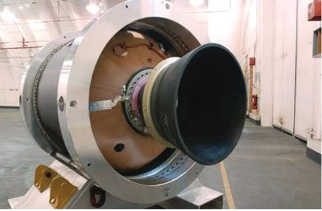 A rocket motor inside a hangar