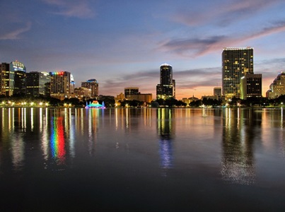 view of city building at sunset