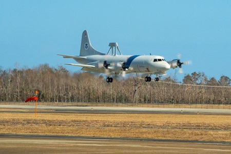 U.S. Customs and Border Protection P-3 Orion aircraft arrives at Northrop Grumman’s Aircraft Maintenance and Fabrication Center in Lake Charles, Louisiana, for depot level maintenance. U.S. Customs and Border Protection P-3 Orion aircraft arrives at Northrop Grumman's Aircraft Maintenance and Fabrication Center in Lake Charles, Louisiana, for depot level maintenance.