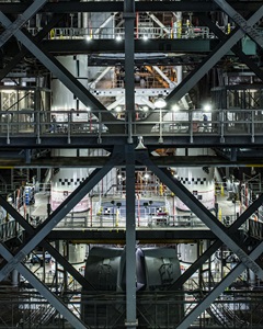 Two rocket motors booster assembly inside a space facility