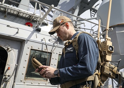USS Porter (DDG 78) Straits Transit Exercise sailor operating anti-drone system on ship
