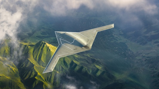 Digital Transformation Northrop Grumman Miliatary aircraft flighing over green mountainous landscape