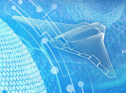Digital Transformation – Northrop Grumman Digitized drawing of airplane on blue background