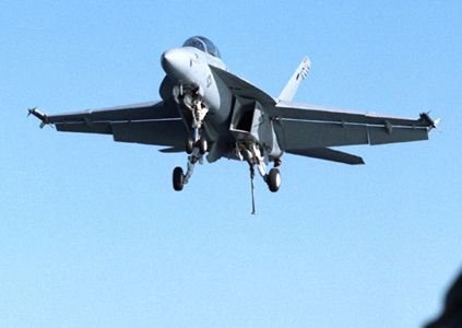 F/A-18 E/F Super Hornet Fighter jet flying in blue sky
