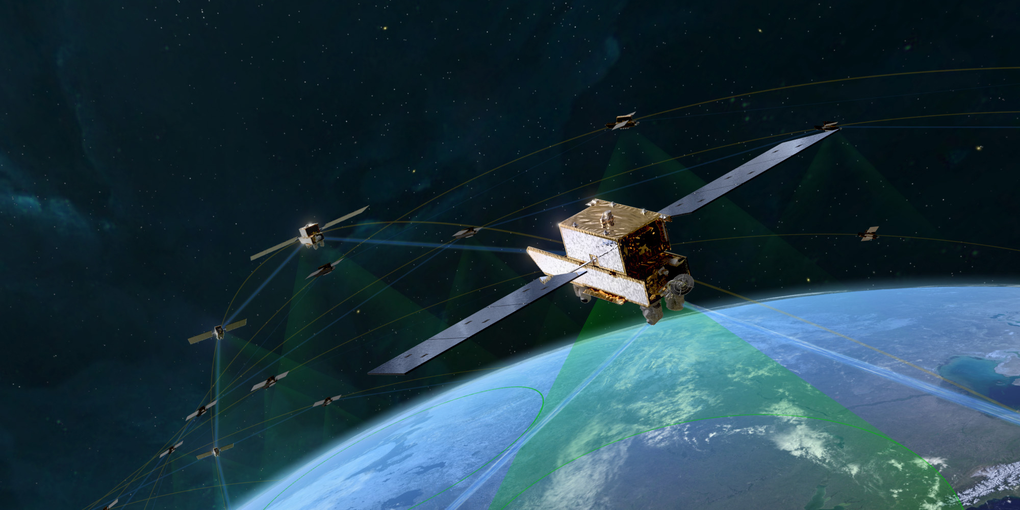 rendering of several satellites in low-earth orbit, connected via laser crosslinks and providing coverage to the eastern Mediterranean region of earth.