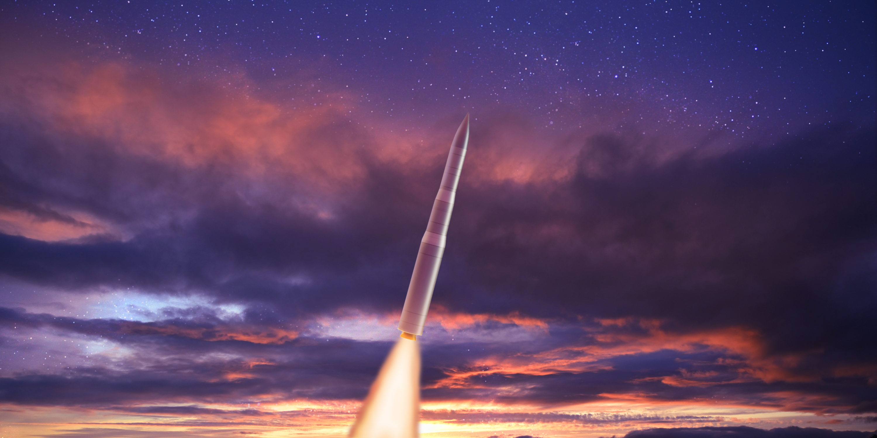 A rendering of the new LGM-35 Sentinel missile flying at twilight.