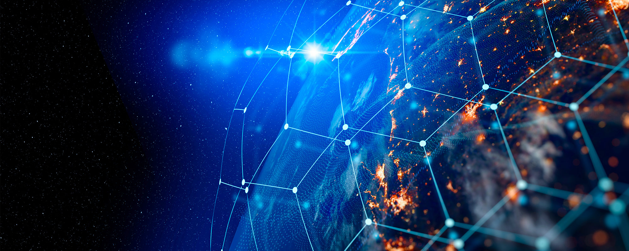 Sun rising over digitized earth from space