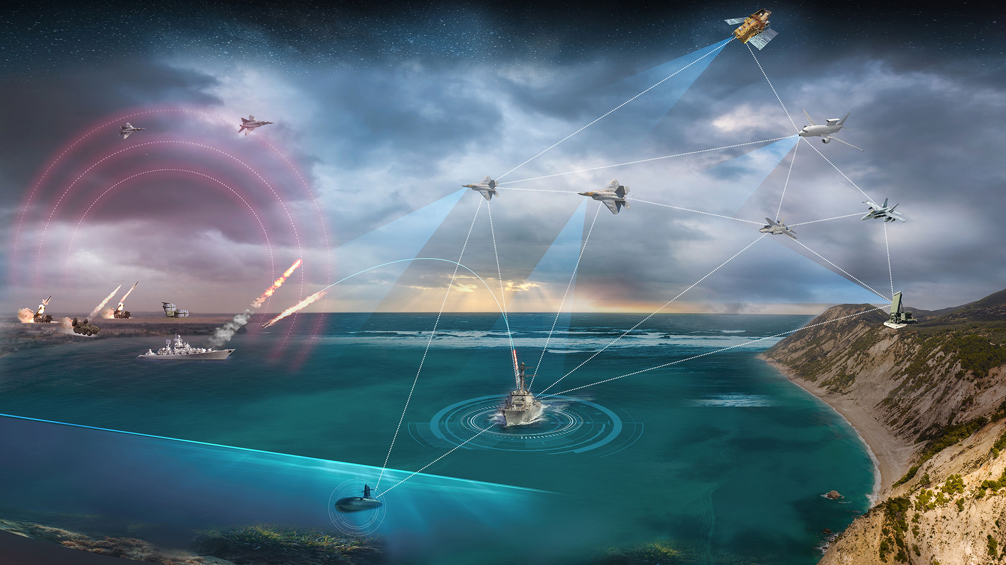 digital illustration of communications network between air, land, sea
