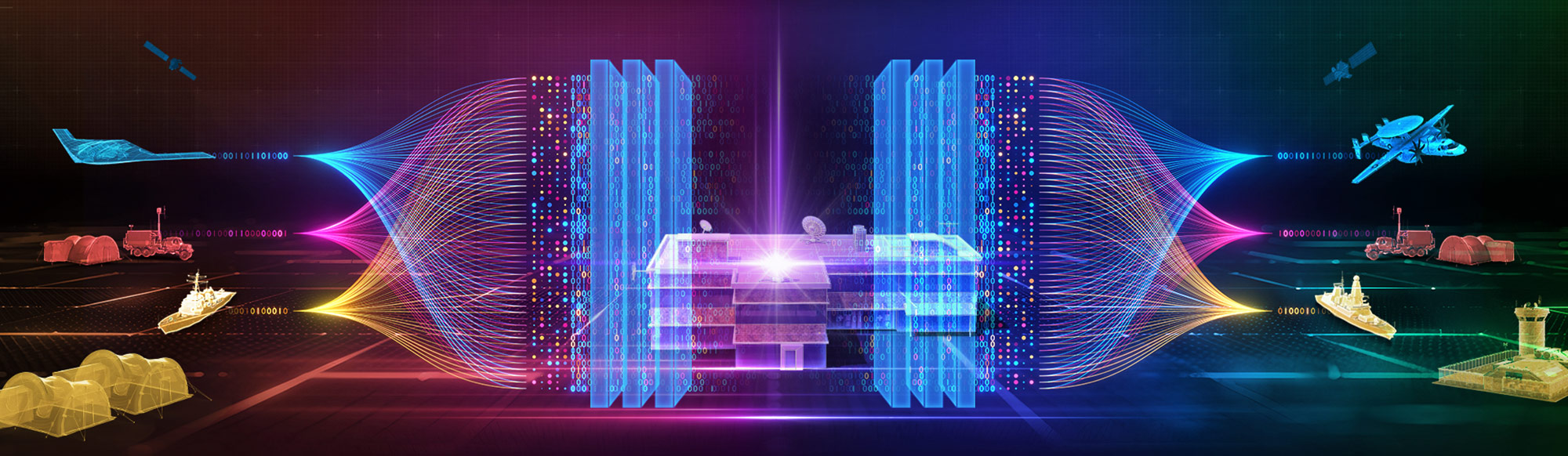 colorful digitized lines connecting military aircraft and facilities