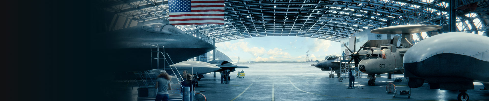 hangar filled with military aircraft