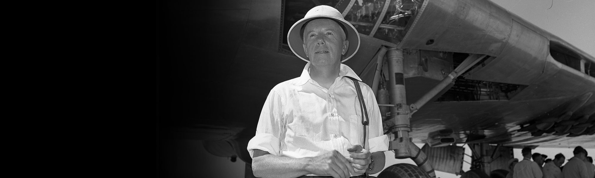 Jack Northrop in front of Flying Wing aircraft