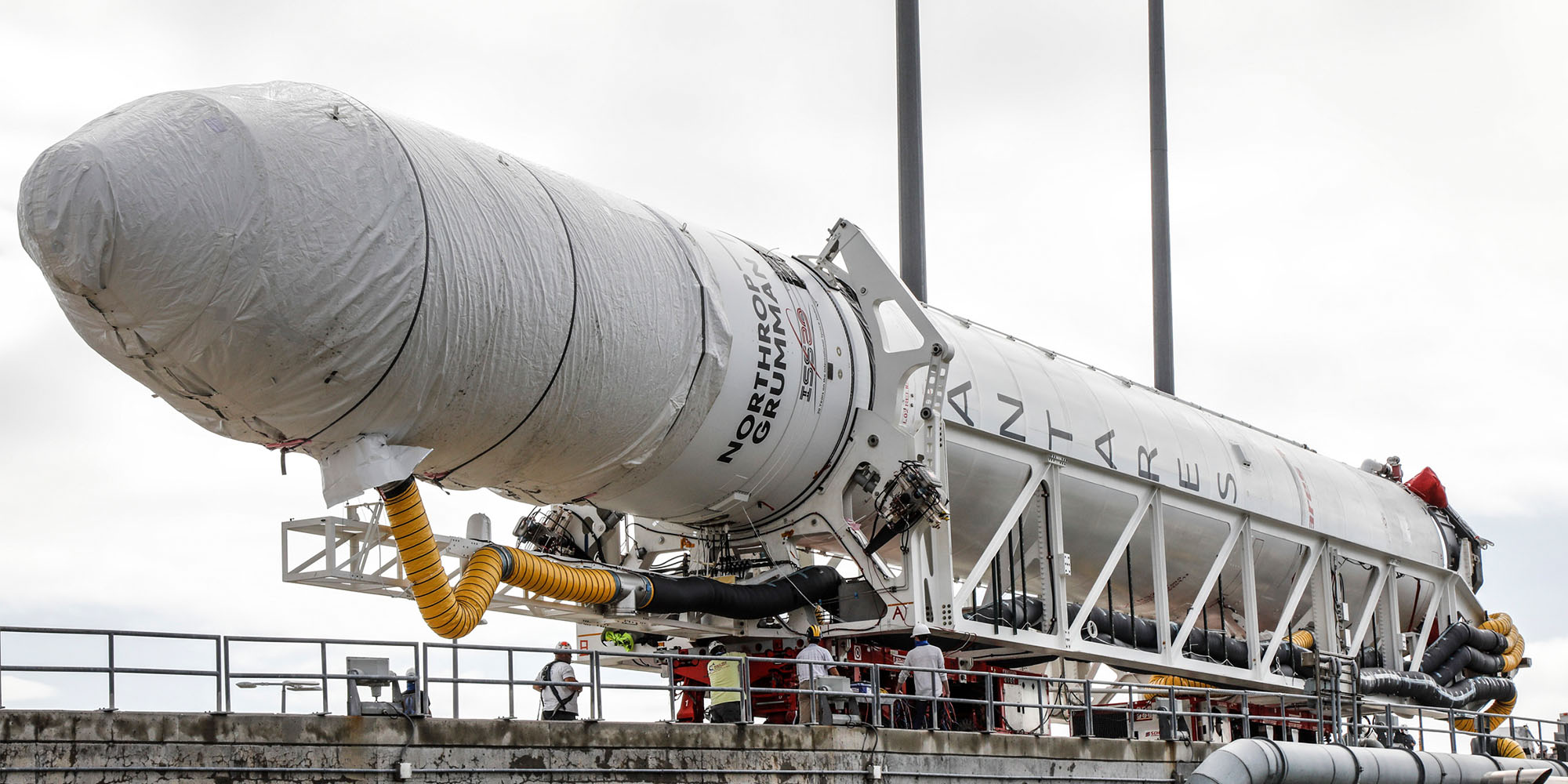 Antares_Transport_Wallops Front view of Antares Rocket on flatbed vehicle as it is transported to launchpad in Wallops Island, Virginia