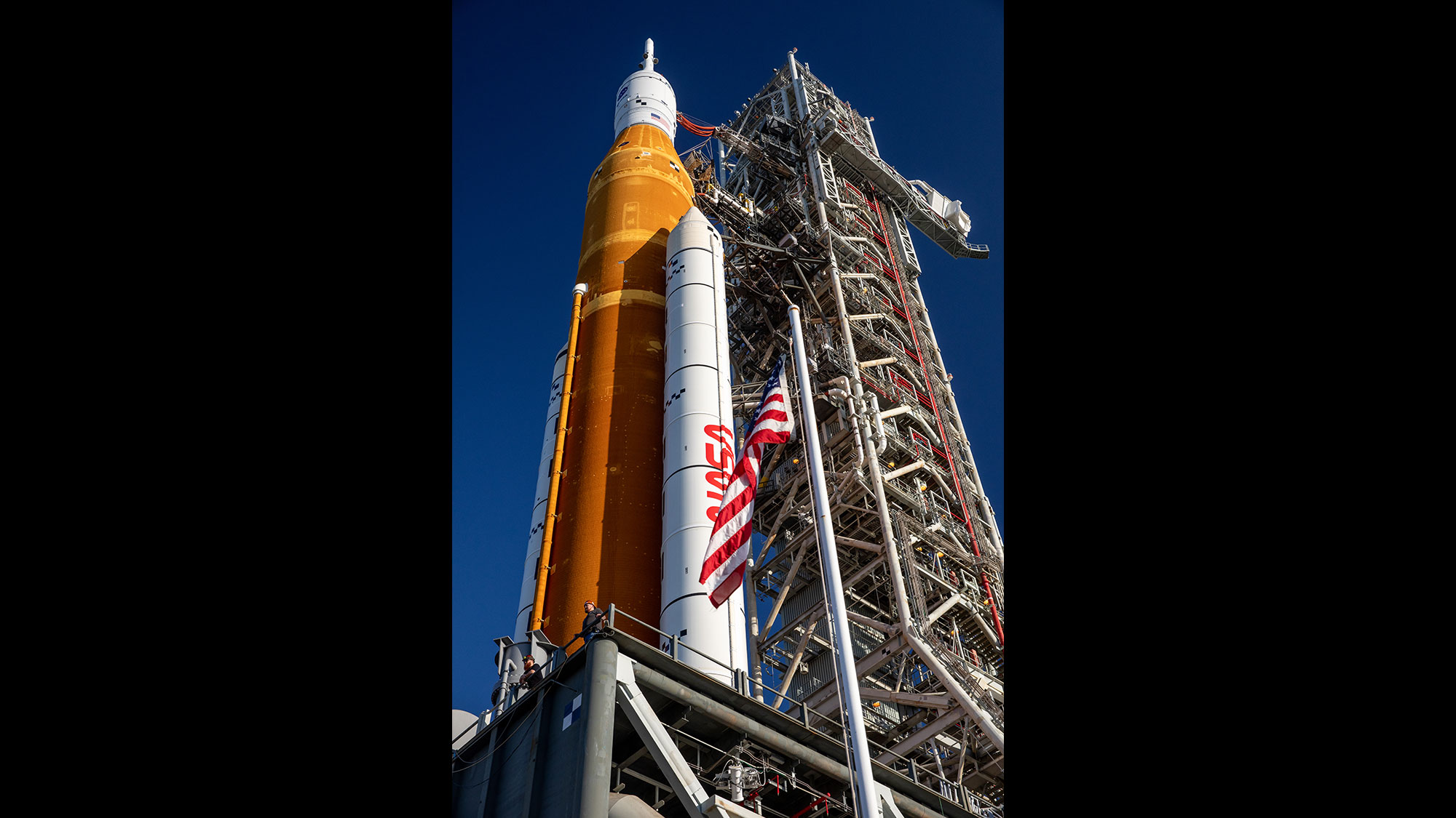 Artemis I: The Space Launch System rocket for the first Artemis mission on pad at Kennedy Space Center, Florida. rocket on launch pad